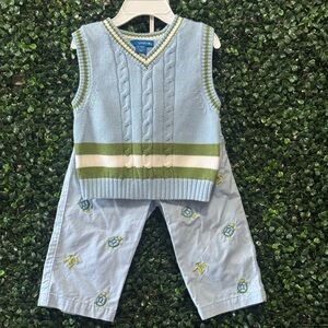 🔥5/$25🔥GREENDOG BOY 12MOS BABY/TODDLER FROG & TURTLE SWEATER VEST & PANTS SET